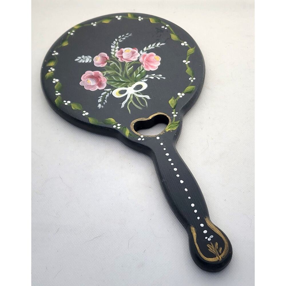 Mirror-Hand Held-Vanity-Hand Painted-Gray-Floral-Leaves-Heart